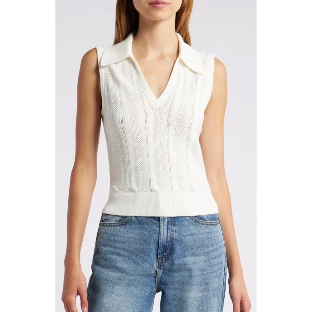 Elie Tahari Sleeveless Pointelle Knit Collared Sweater Vest NWT M